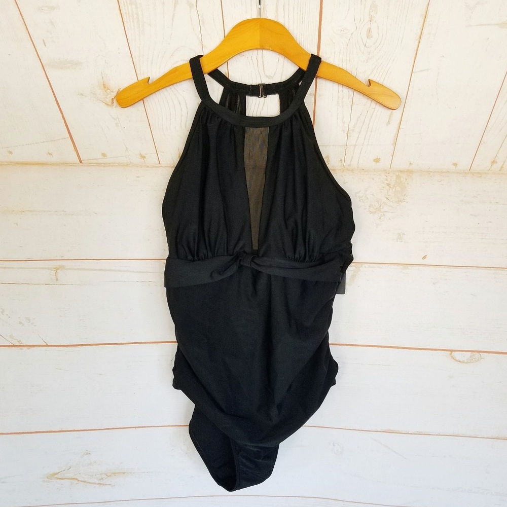 Sexy Black One Piece Swimsuit Mesh Upper - Picture 2 of 6